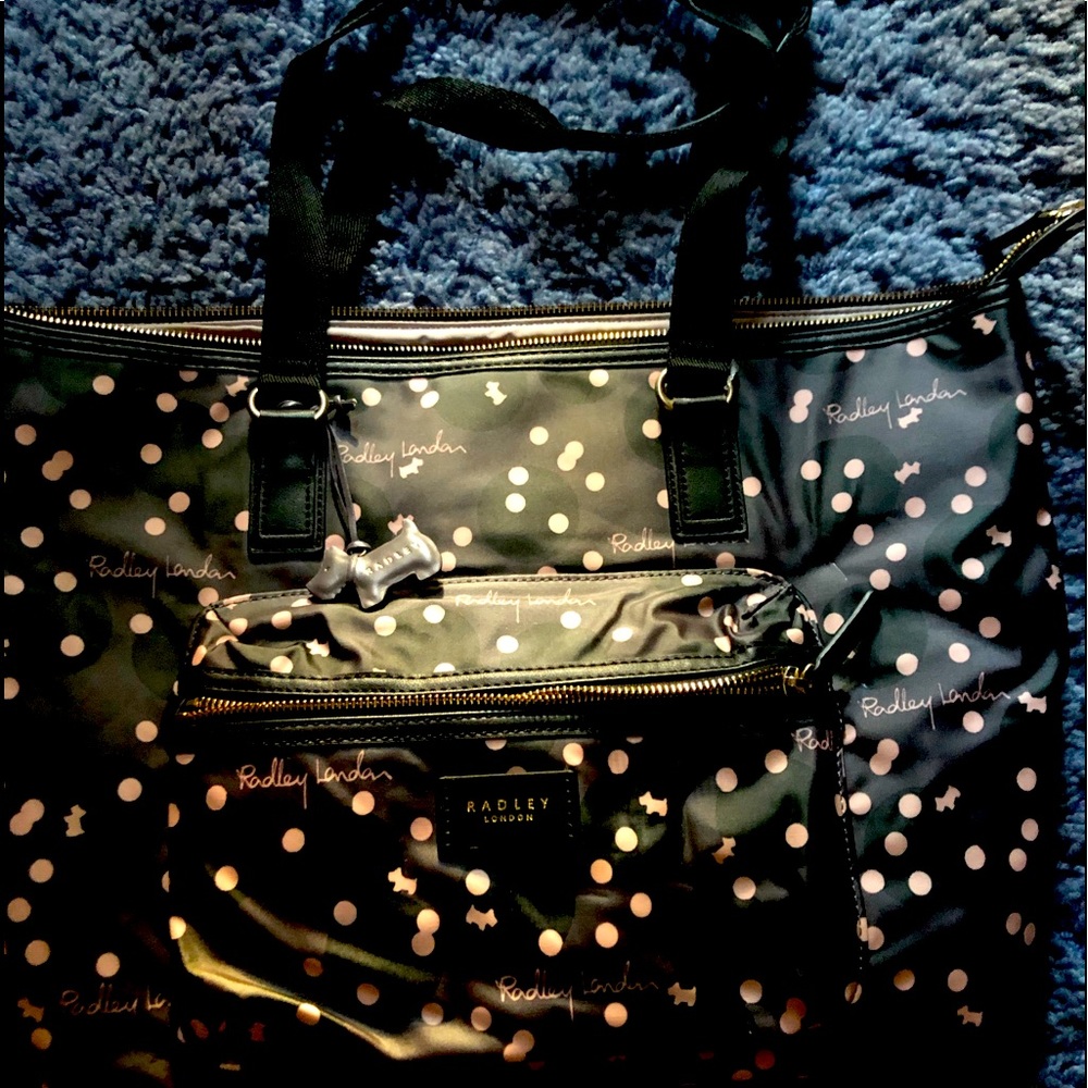 RADLEY of LONDON Tote Bag Black with peach Poka Dots New